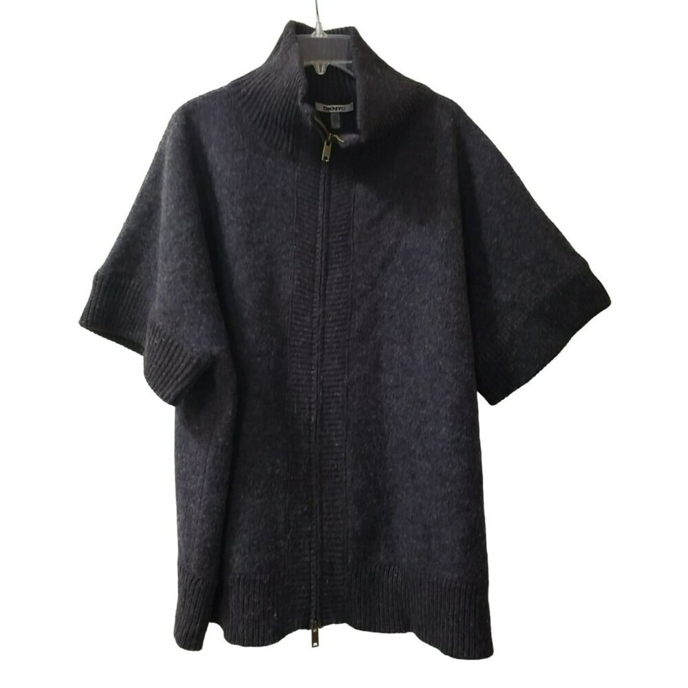 Mock Neck Full Zip Cardigan Sweater S/S L XL, Dark Gray Wool Blend Rabbit DKNYC